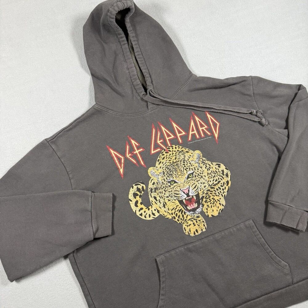 Def Leppard Hoodie Leopard Graphic Charcoal Grey Pullover Sweatshirt Womens Med